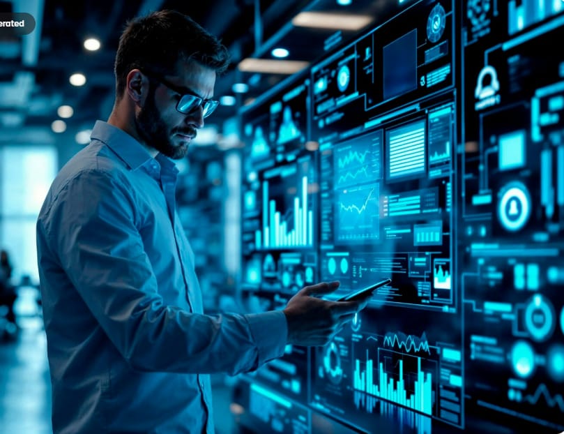 IT professional monitoring infrastructure and data analytics dashboards